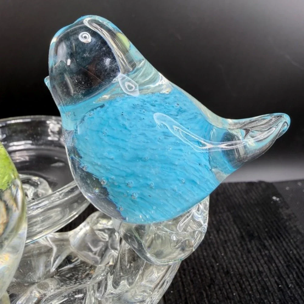 Glass Two Birds Figurine Candle Holder Trinket Dish Blue Green Controlled Bubble